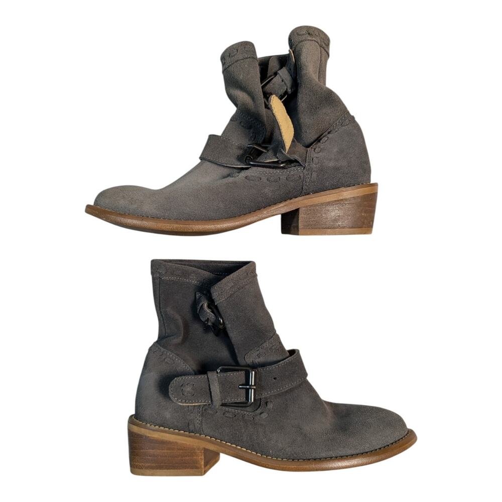 Musse & Cloud Gray Suede Double Buckle Pull On Engineer Biker Moto Boots Sz 6